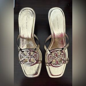 Tory Burch Womens Size 7.5 Spark Gold GEO BOMBE MILLER LOW HEEL worn once